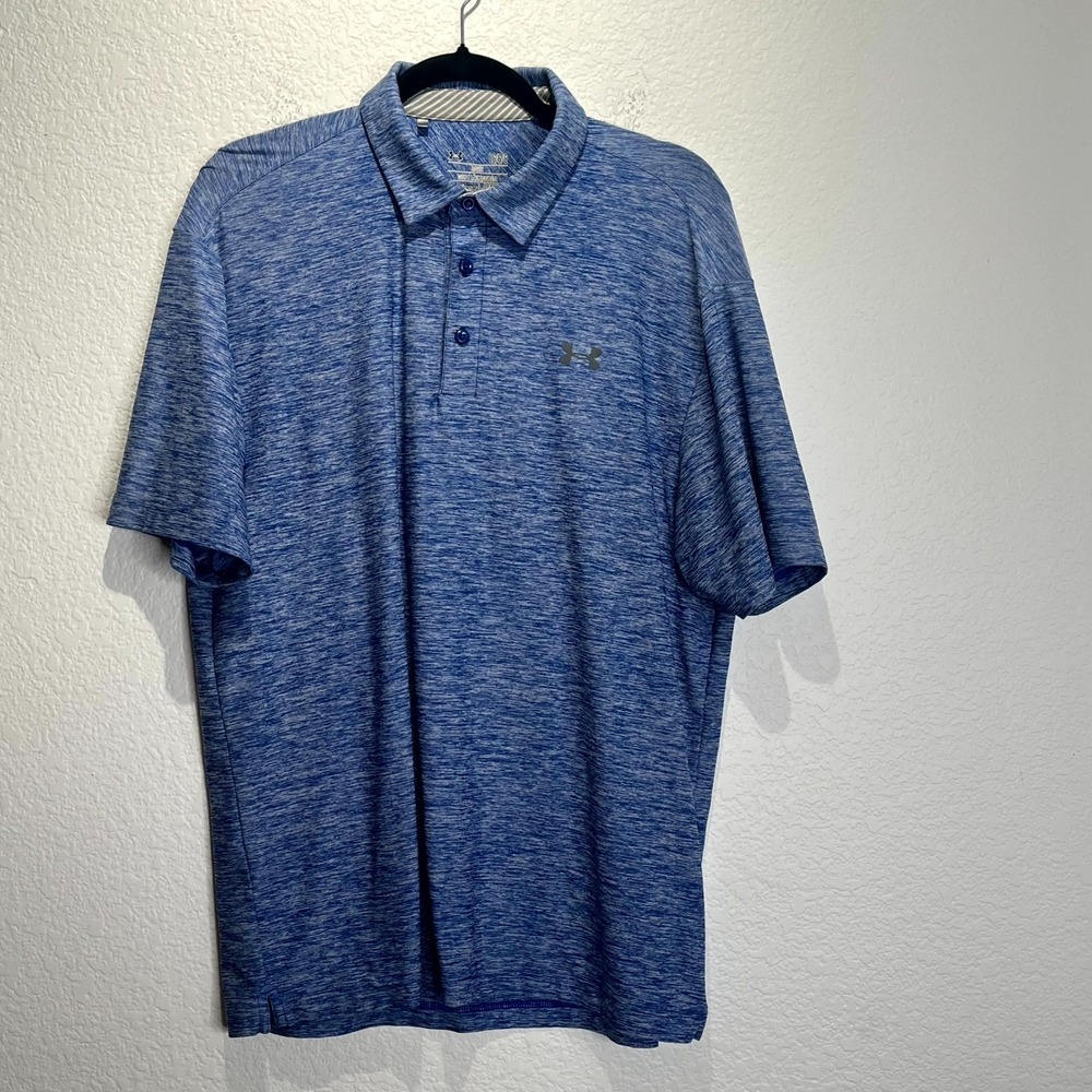 Under Armour Heatgear Polo Shirt Mens Large Heather Blue Loose Fit Side Slit‎